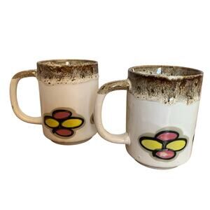 Vtg 1970s Japan MCM Stoneware 2 Coffee Mugs Retro Abstract Drip Glaze Floral 0